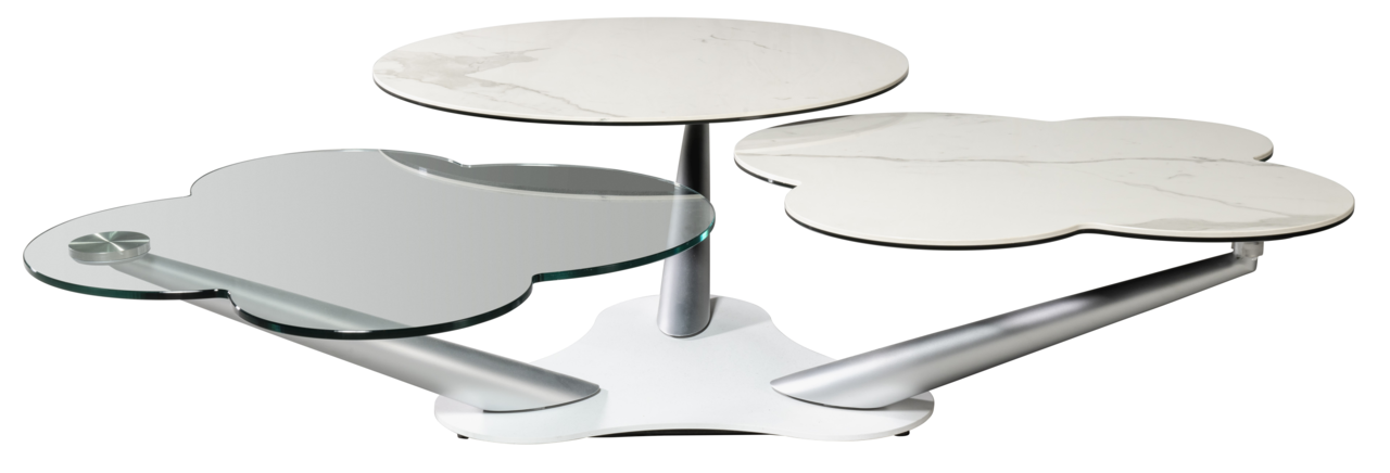 Moderner Couchtisch mit drei drehbaren Tischplatten in Marmor- und Glasoptik, seitliche Perspektive.