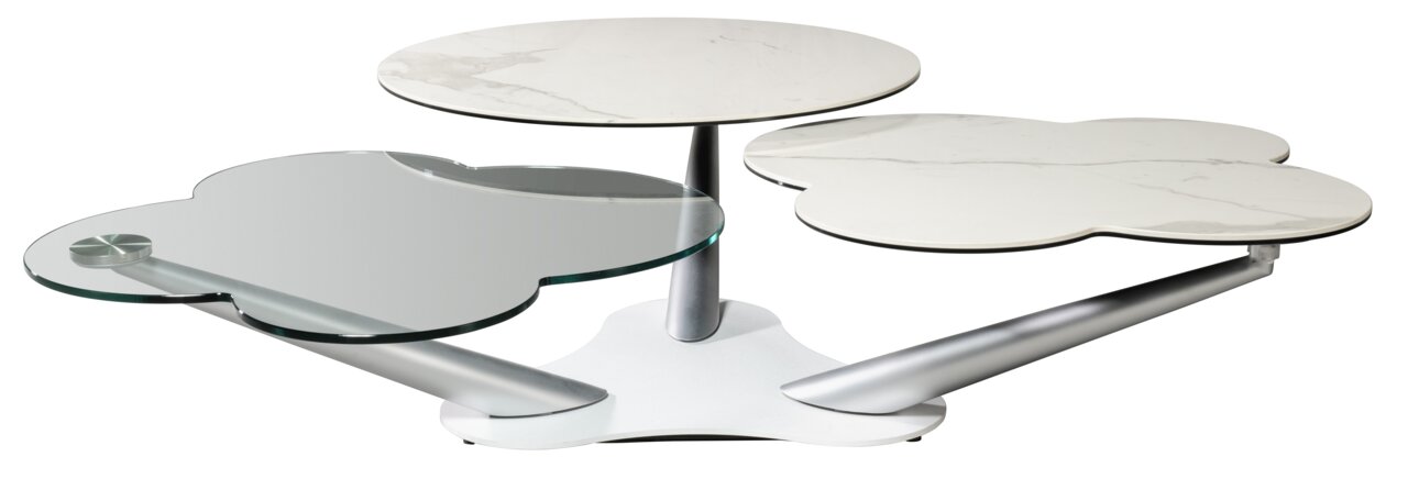 Moderne salontafel met drie draaibare tafelbladen in marmer- en glaslook, zijaanzicht.