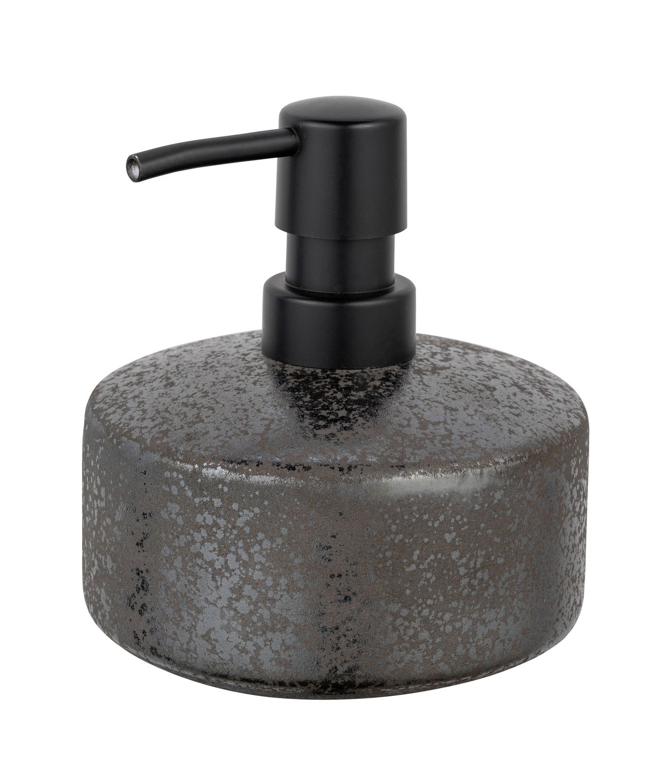 Keramik Seifenspender Rufina in dunkler, gesprenkelter Optik mit schwarzem Pumpkopf, seitliche Perspektive