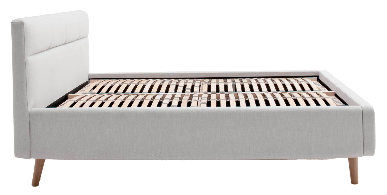 Seitliche Ansicht eines grauen Polsterbetts mit Holzlattenrost und Holzfüßen.