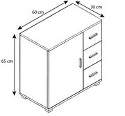 Isometrische Ansicht eines Sideboards/Kommode mit einer Tür links und drei Schubladen rechts, Maße ca. 60 x 30 x 65 cm (B x T x H)