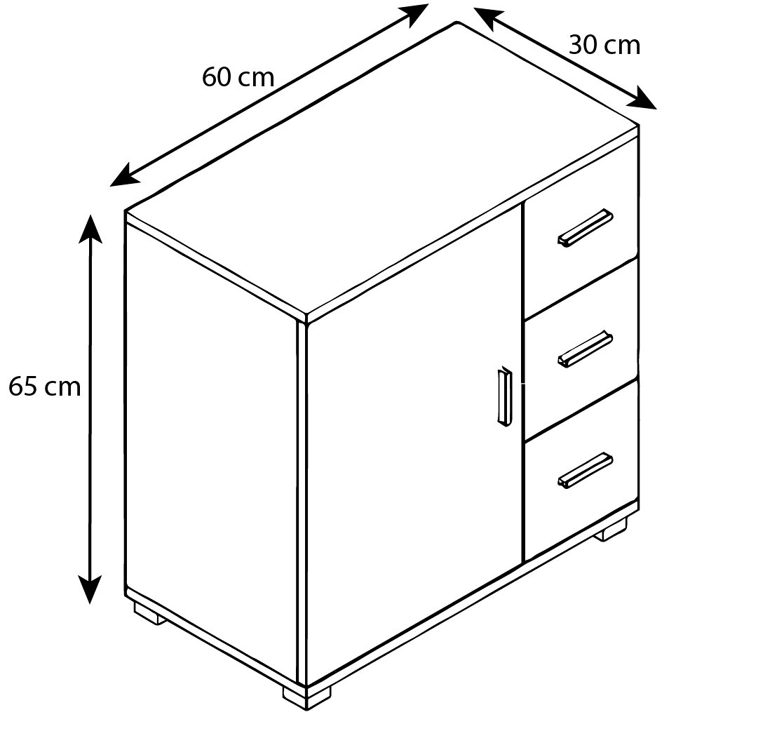 Isometrische Ansicht eines Sideboards/Kommode mit einer Tür links und drei Schubladen rechts, Maße ca. 60 x 30 x 65 cm (B x T x H)