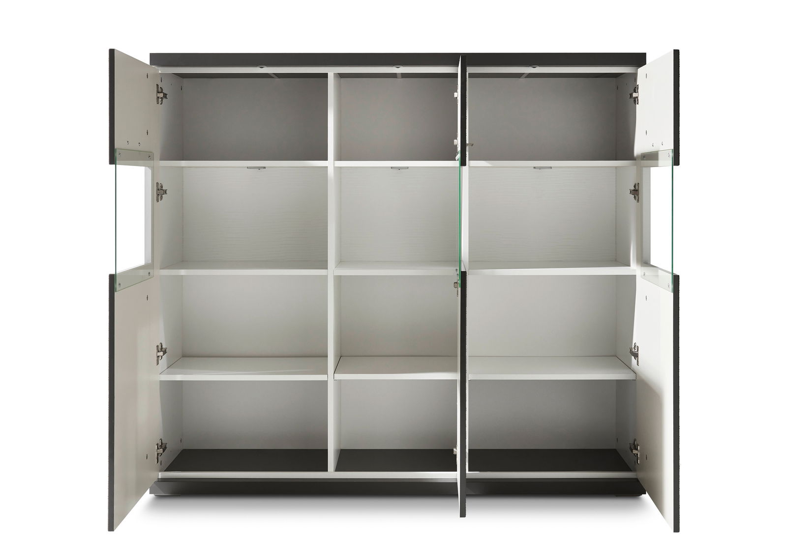 Offenes Highboard mit mehreren Fächern und Türen, Frontalansicht