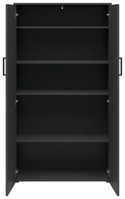 Frontansicht eines offenen, schwarzen Mehrzweckschranks mit vier Einlegeböden.