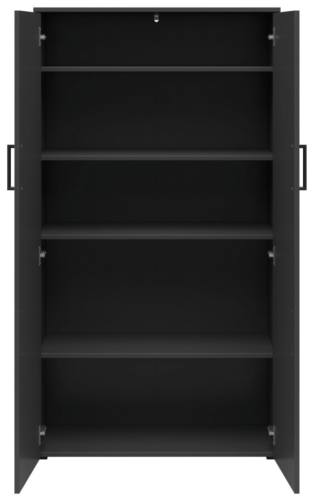 Frontansicht eines offenen, schwarzen Mehrzweckschranks mit vier Einlegeböden.