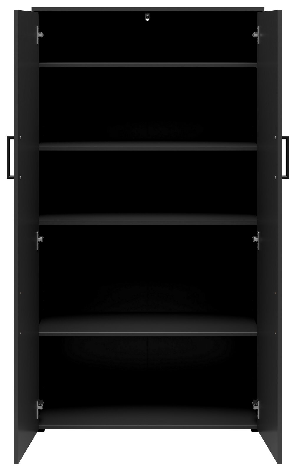 Frontansicht eines offenen, schwarzen Mehrzweckschranks mit vier Einlegeböden.