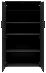 Frontansicht eines offenen, schwarzen Mehrzweckschranks mit vier Einlegeböden.