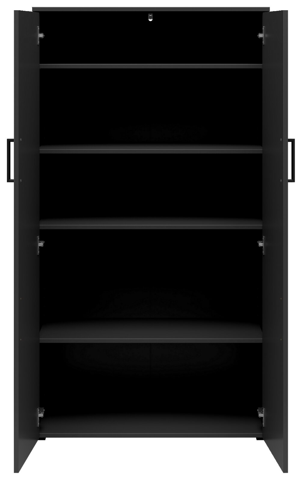 Frontansicht eines offenen, schwarzen Mehrzweckschranks mit vier Einlegeböden.