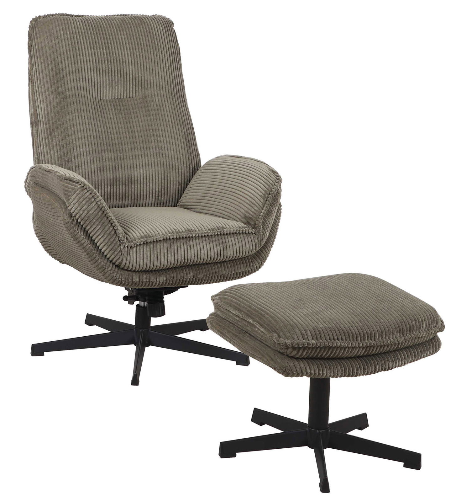 Grauer Relaxsessel mit Hocker aus Cordstoff, seitliche Perspektive