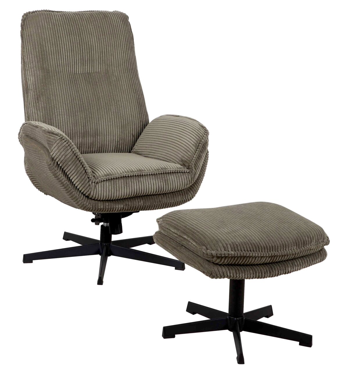 Grauer Relaxsessel mit Hocker aus Cordstoff, seitliche Perspektive