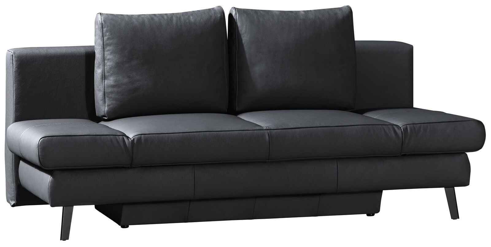 Schwarzes Querschläfer-Sofa mit zwei großen Rückenkissen, seitliche Perspektive