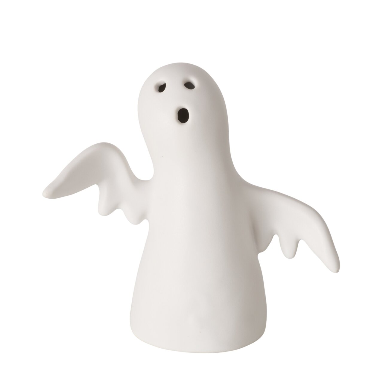 Wit spookfiguur met uitgespreide vleugels, gezien van voren.