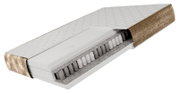 3D doorsnede van een hybride matras met witte, gewatteerde toplaag en opengewerkte zijkant die de binnenlagen met pocketveren en schuim toont, schuin van boven bekeken.