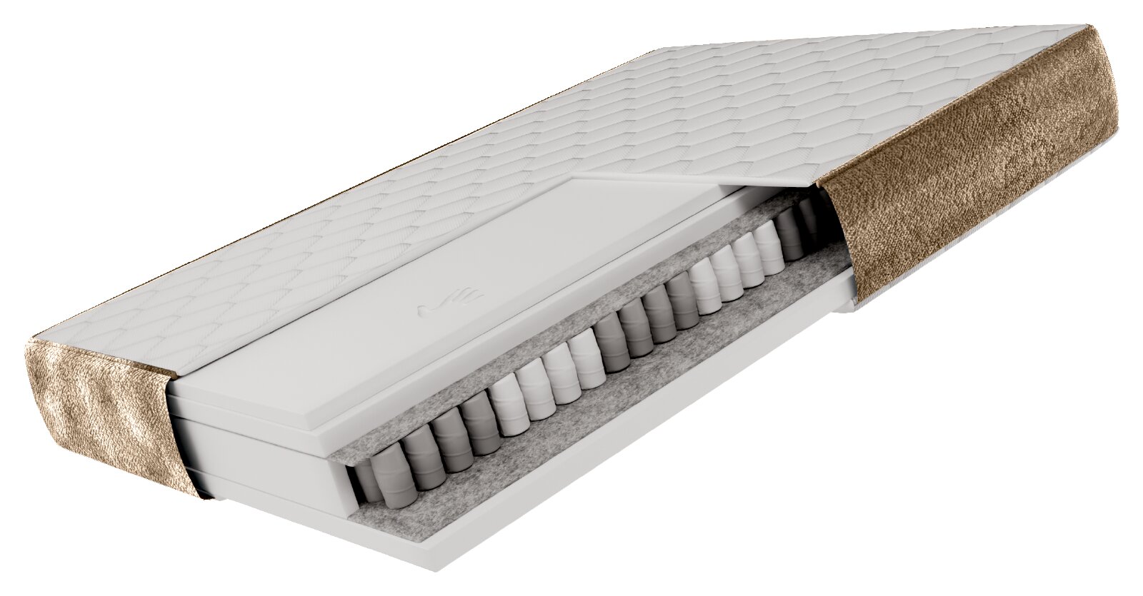 3D doorsnede van een hybride matras met witte, gewatteerde toplaag en opengewerkte zijkant die de binnenlagen met pocketveren en schuim toont, schuin van boven bekeken.