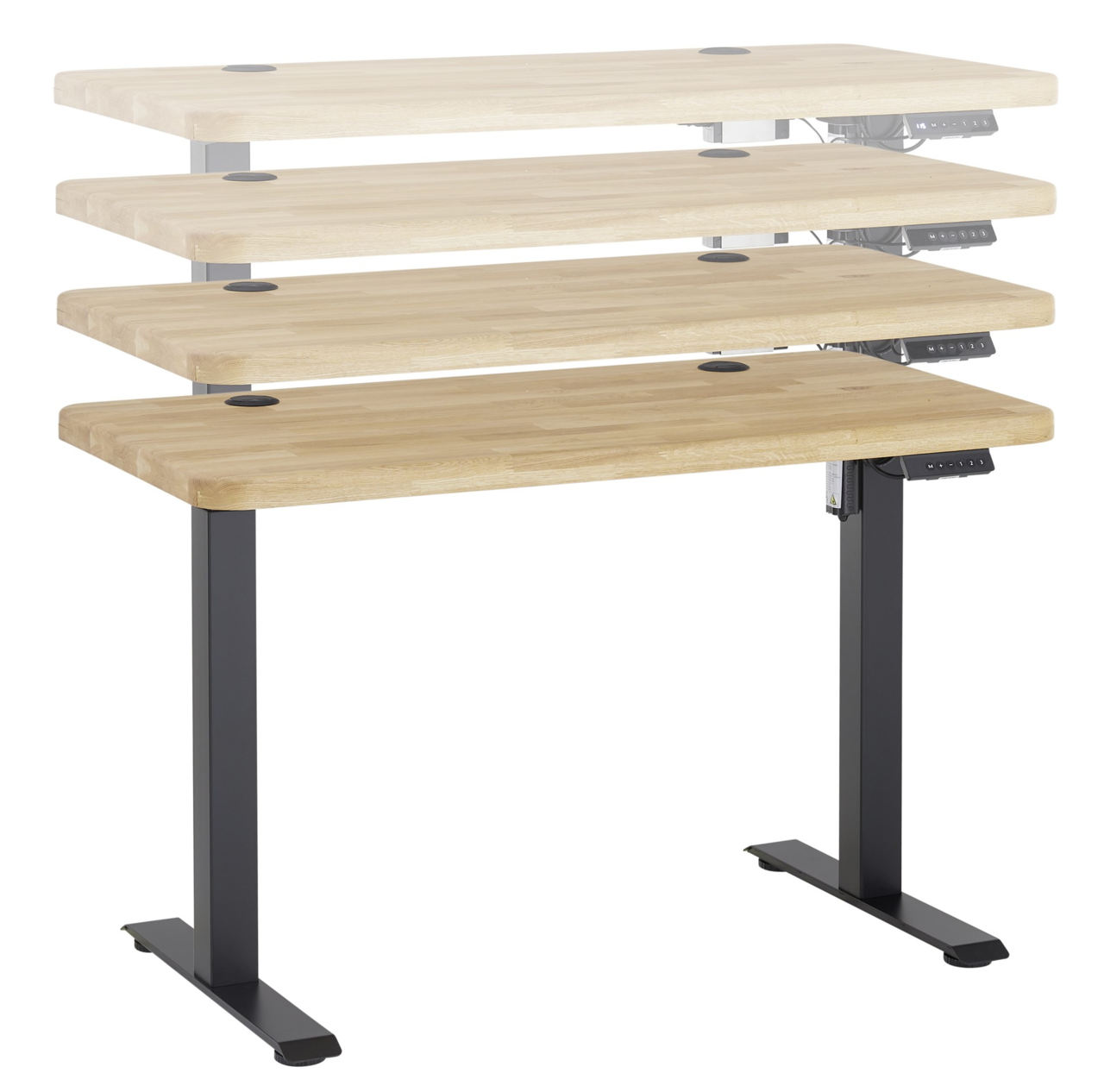 Höhenverstellbarer E-Schreibtisch aus Holz mit schwarzem Metallgestell, seitliche Perspektive