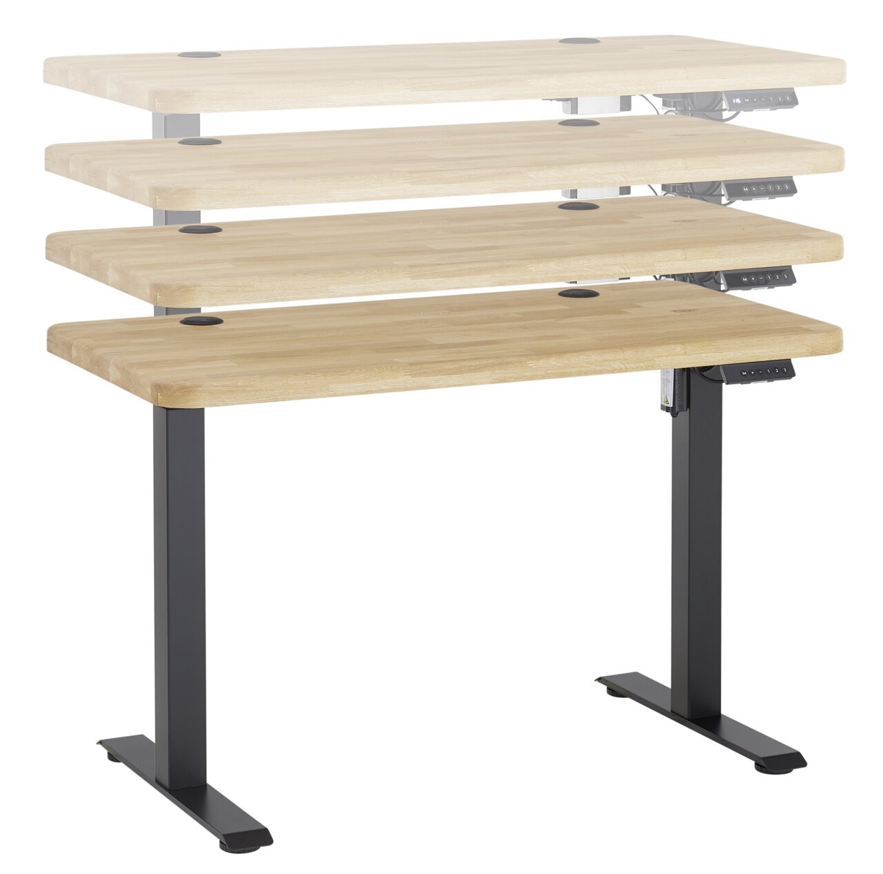 Höhenverstellbarer E-Schreibtisch aus Holz mit schwarzem Metallgestell, seitliche Perspektive