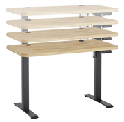 Höhenverstellbarer E-Schreibtisch aus Holz mit schwarzem Metallgestell, seitliche Perspektive