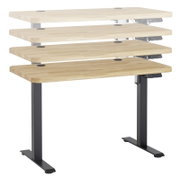 Höhenverstellbarer E-Schreibtisch aus Holz mit schwarzem Metallgestell, seitliche Perspektive