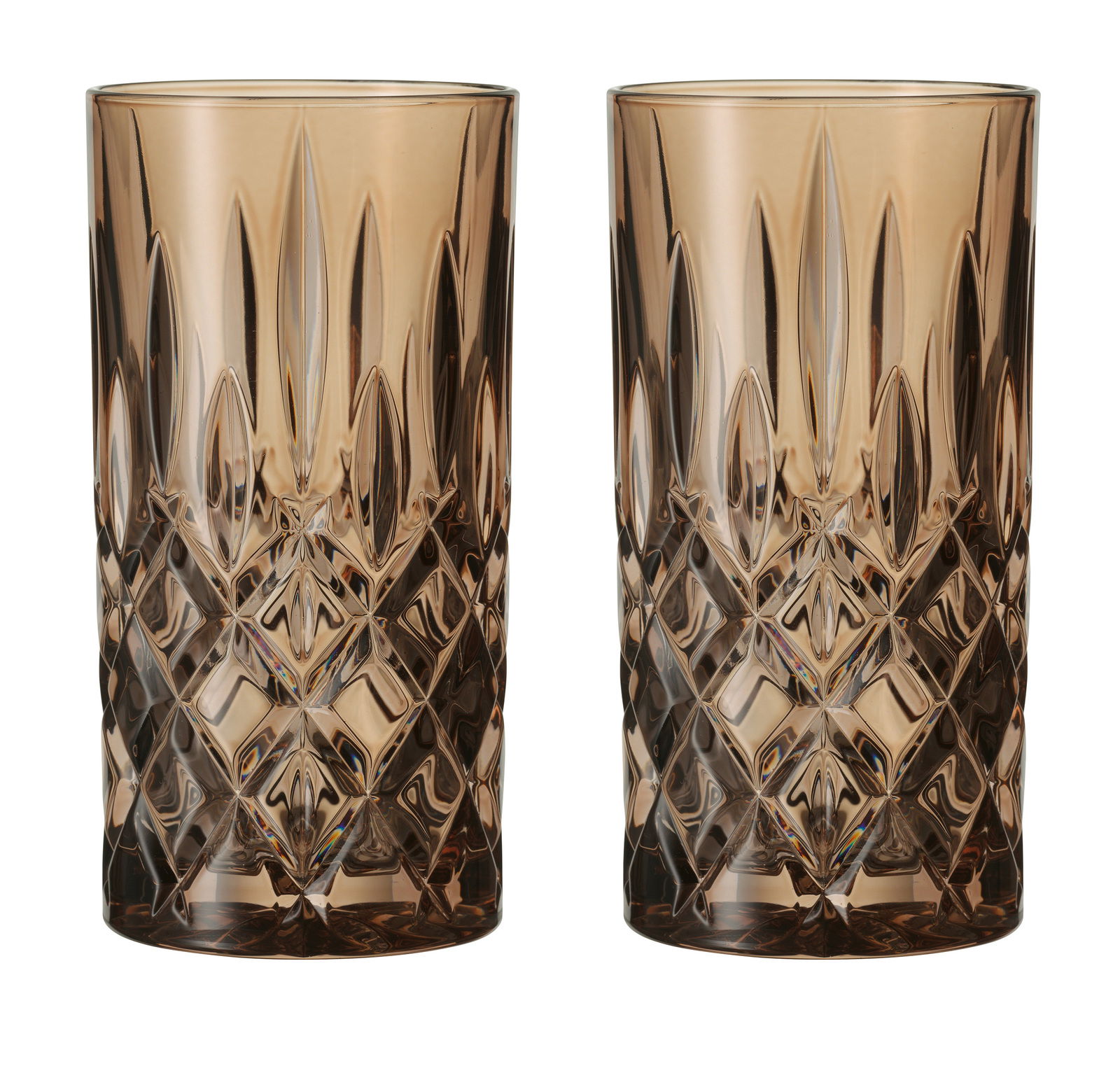 Zwei elegante Longdrinkgläser im Noblesse-Design mit facettiertem Muster, frontal abgebildet.