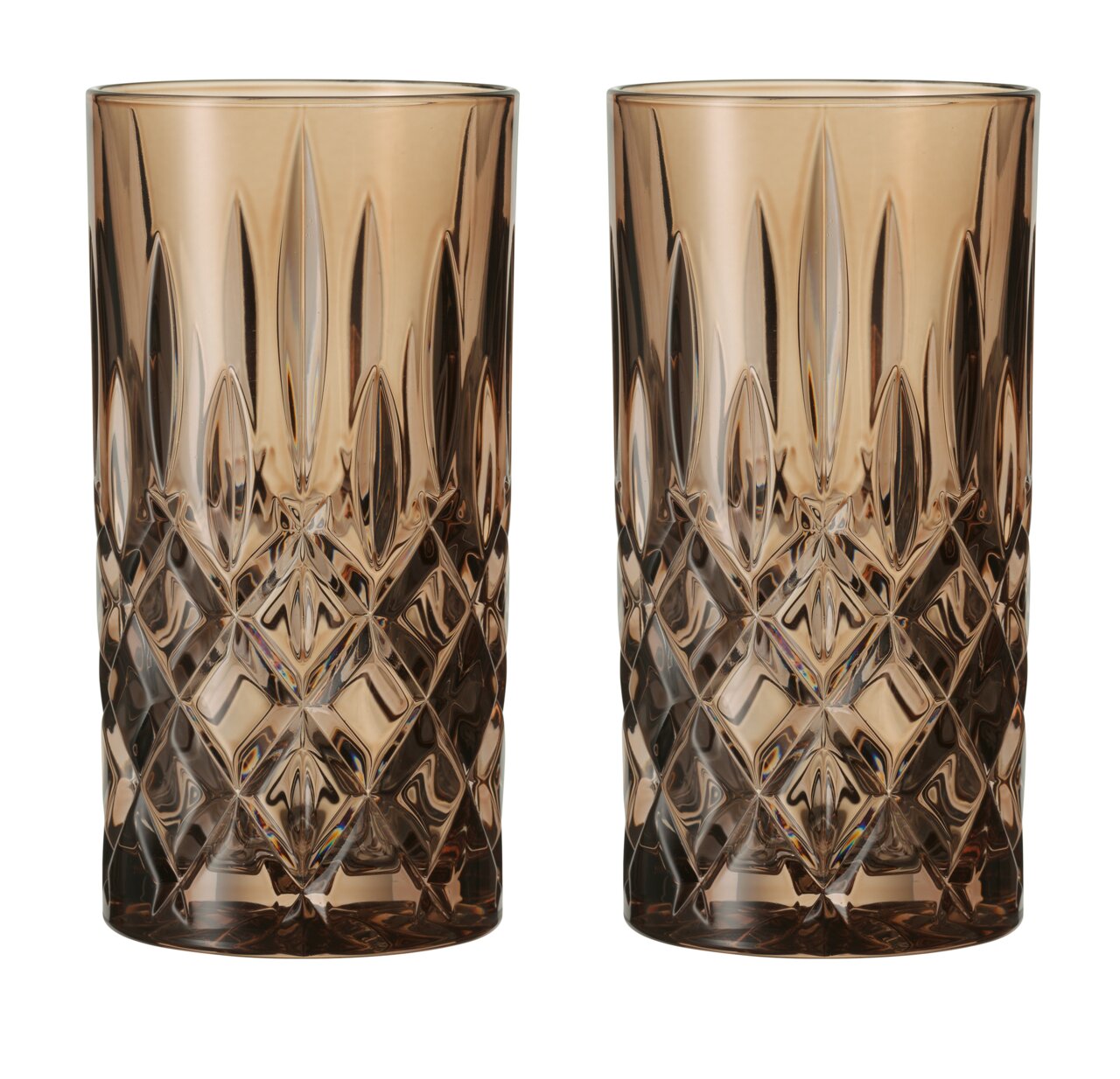 Zwei elegante Longdrinkgläser im Noblesse-Design mit facettiertem Muster, frontal abgebildet.