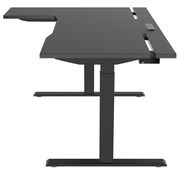 Seitliche Ansicht eines modernen, höhenverstellbaren E-Schreibtischs in Schwarz mit minimalistischem Design.