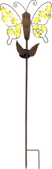 Zonne-lamp in de vorm van een vlinder met gele bloemmotieven, zijaanzicht