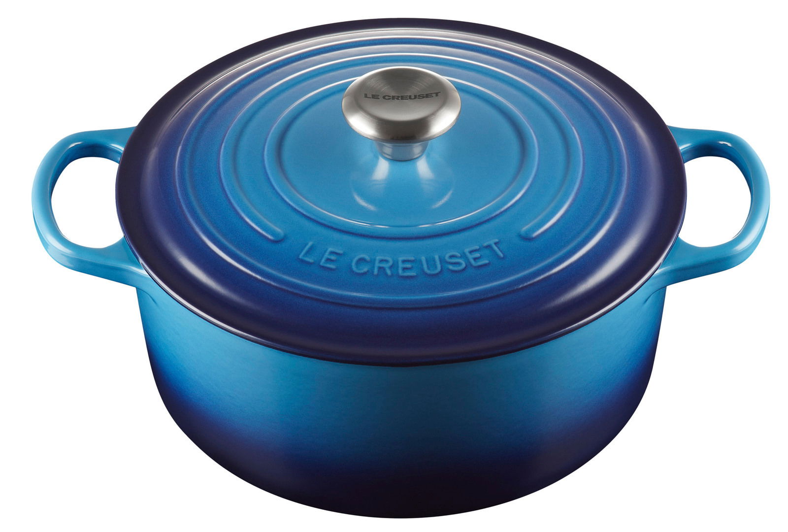 Runder Bräter in Azurblau von Le Creuset, Draufsicht mit sichtbarem Deckel und Griffen