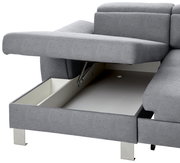 Graues Sofa mit geöffneter Aufbewahrungsbox, seitliche Perspektive