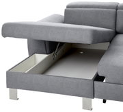 Graues Sofa mit geöffneter Aufbewahrungsbox, seitliche Perspektive