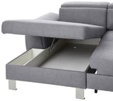 Graues Sofa mit geöffneter Aufbewahrungsbox, seitliche Perspektive