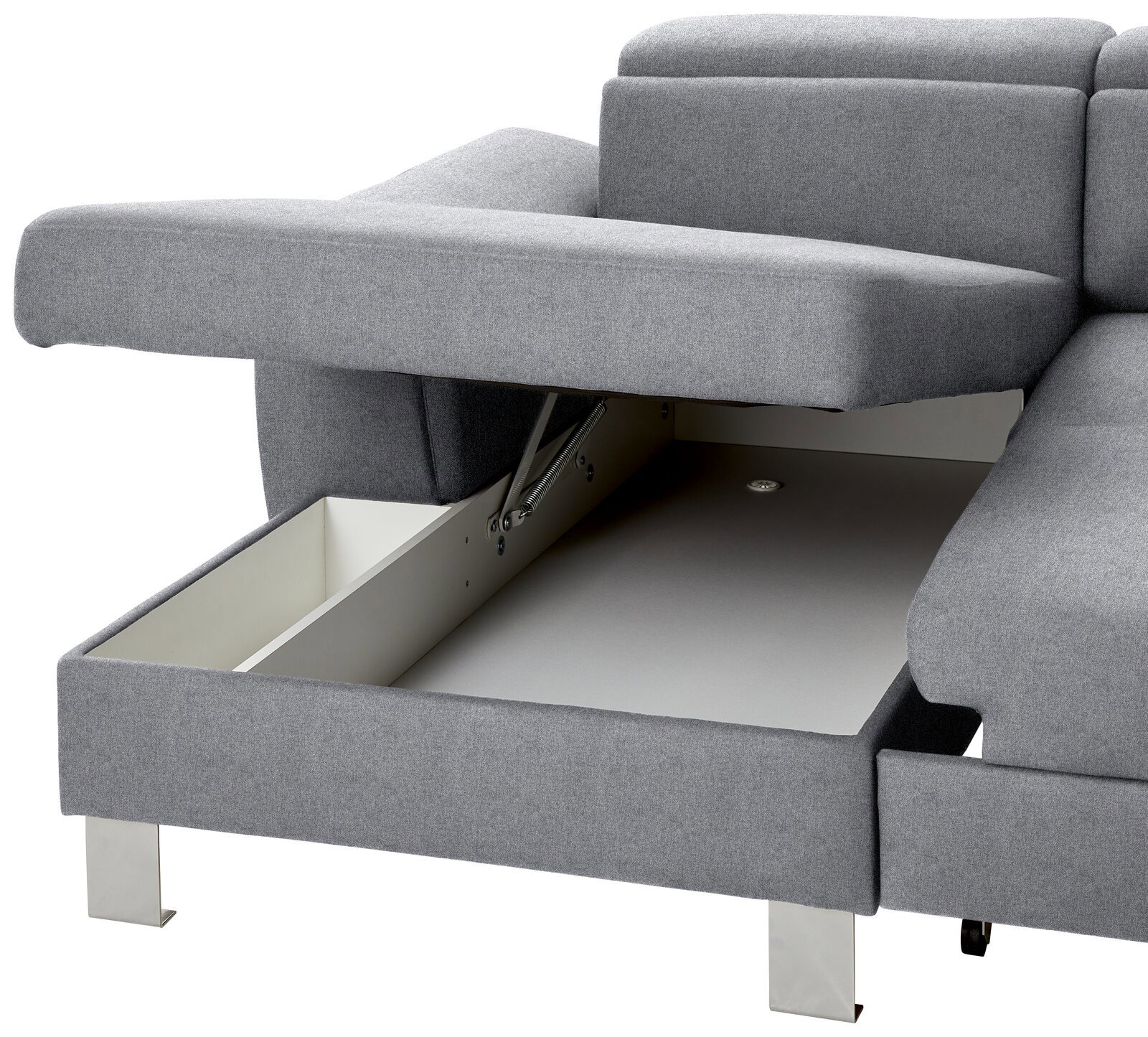 Graues Sofa mit geöffneter Aufbewahrungsbox, seitliche Perspektive