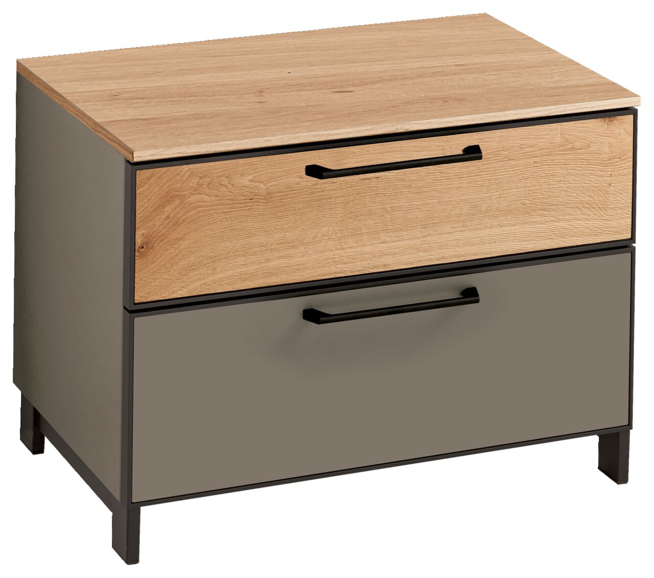 Garderobenbank mit zwei Schubladen, obere Schublade in Holzoptik, untere in grauer Farbe, seitliche Perspektive