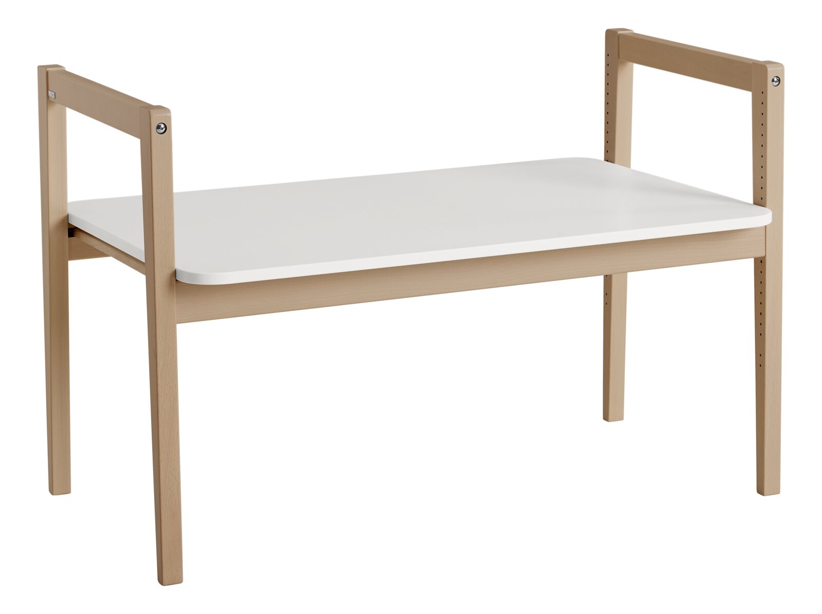 Tafelblad Tiny Table van licht hout met een wit oppervlak, zijaanzicht