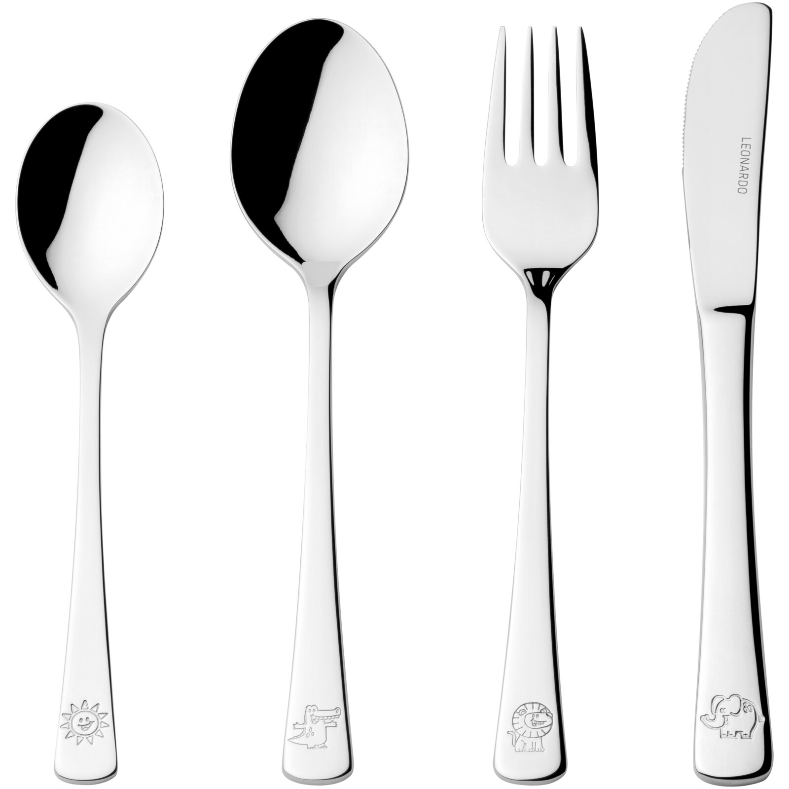 Kinderbesteck 4-teilig aus Edelstahl mit Tiermotiven, bestehend aus Löffel, Gabel, Messer und Teelöffel, frontal abgebildet.