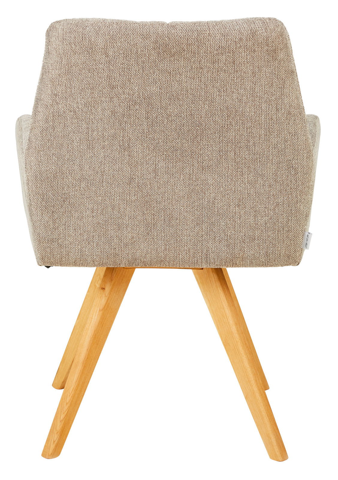 Rückansicht eines Armlehnstuhls mit beigem Stoffbezug und Holzbeinen.