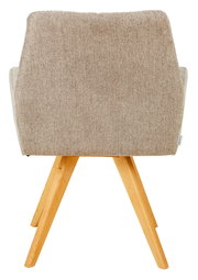 Rückansicht eines Armlehnstuhls mit beigem Stoffbezug und Holzbeinen.