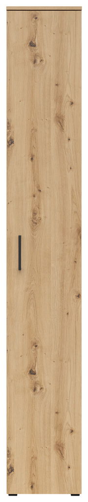 Frontansicht eines Mehrzweckschranks mit Holzoptik und schwarzem Griff