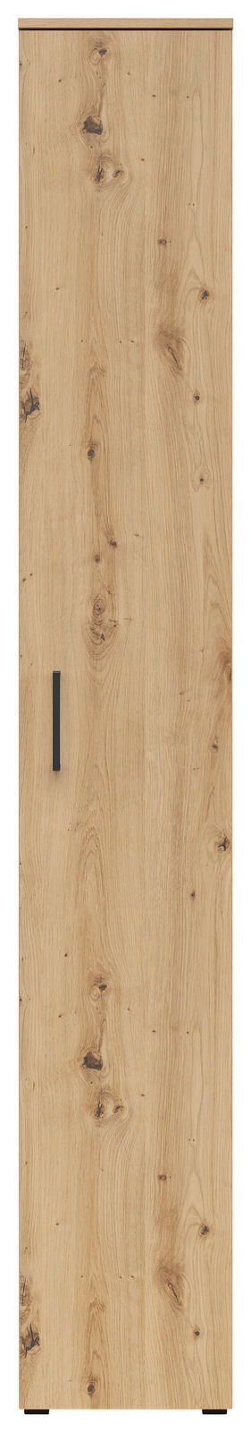 Frontansicht eines Mehrzweckschranks mit Holzoptik und schwarzem Griff