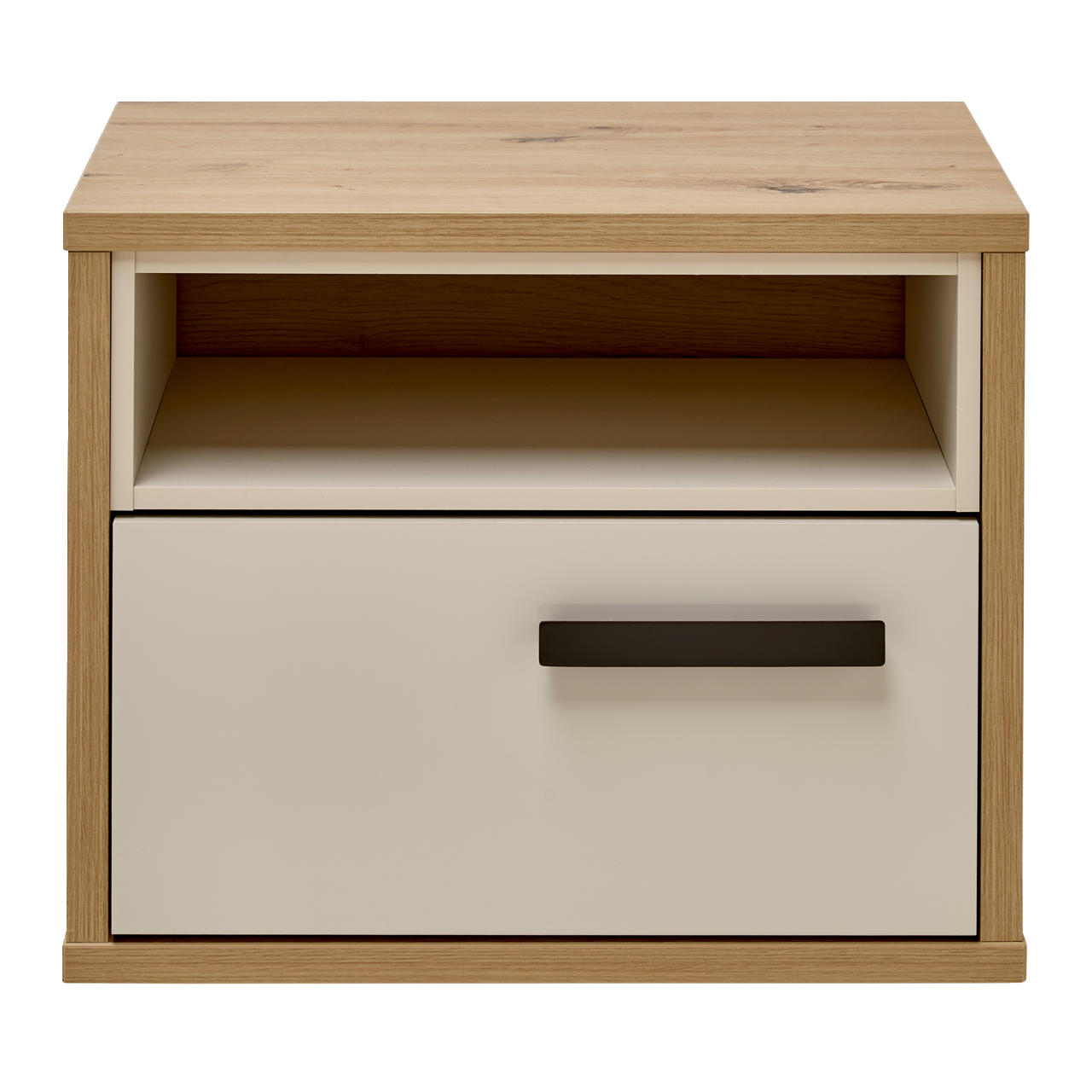 Nachtkonsole aus Holz mit einer Schublade und einem offenen Fach, frontal betrachtet.