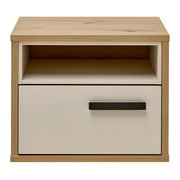 Nachtkonsole aus Holz mit einer Schublade und einem offenen Fach, frontal betrachtet.