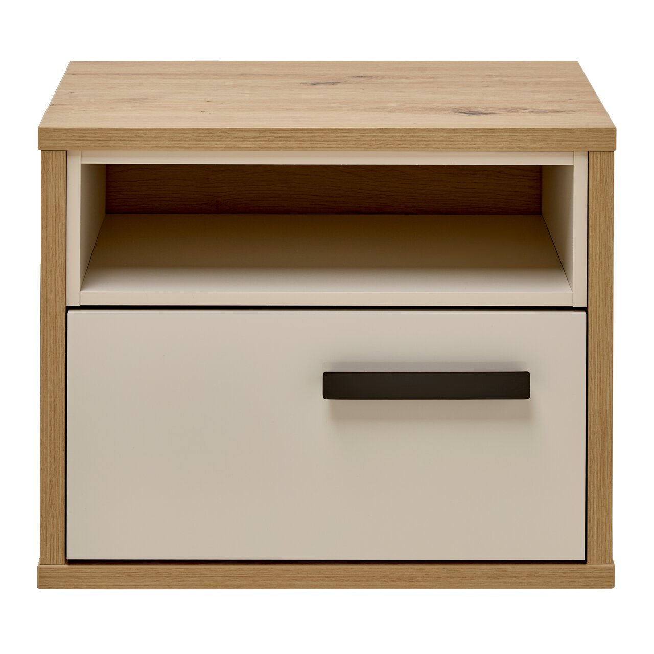 Nachtkonsole aus Holz mit einer Schublade und einem offenen Fach, frontal betrachtet.