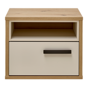 Nachtkonsole aus Holz mit einer Schublade und einem offenen Fach, frontal betrachtet.