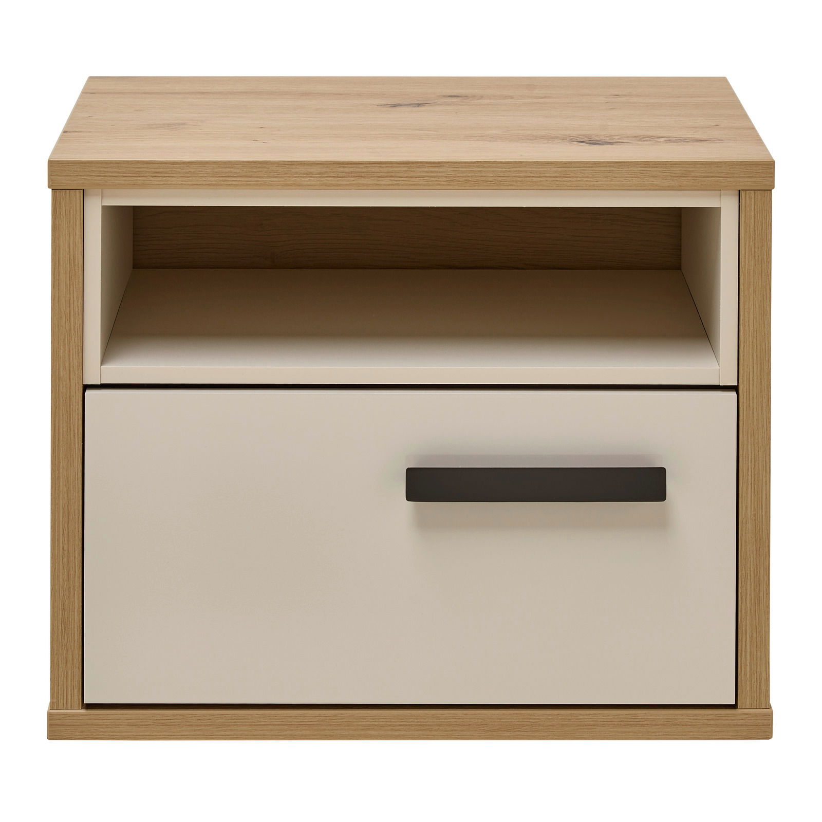 Nachtkonsole aus Holz mit einer Schublade und einem offenen Fach, frontal betrachtet.