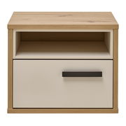 Nachtkonsole aus Holz mit einer Schublade und einem offenen Fach, frontal betrachtet.