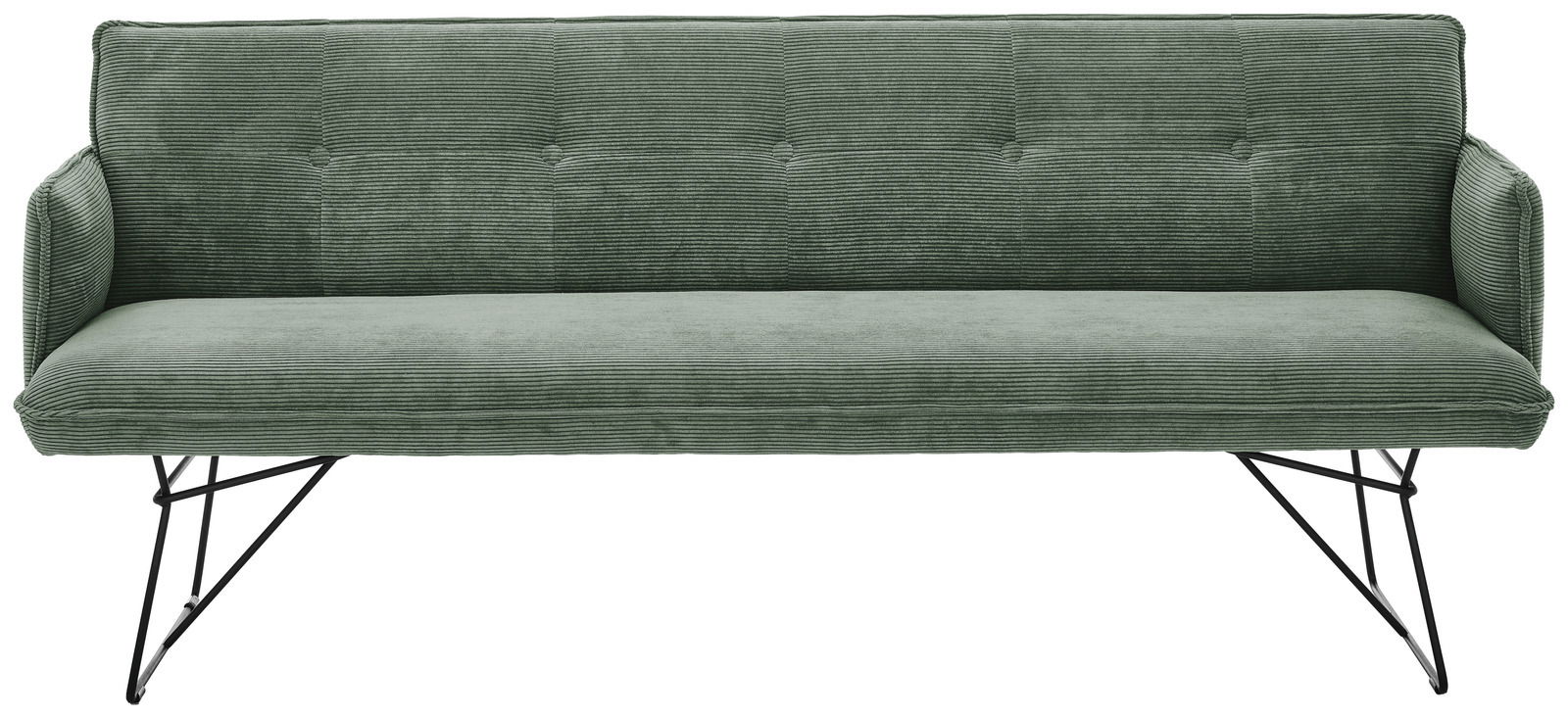 Grüne Solobank 3-Sitzer mit geripptem Stoffbezug und schwarzen Metallbeinen, Frontalansicht