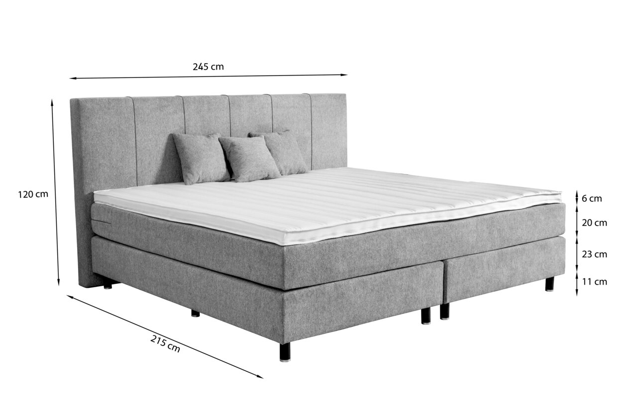 Graues Boxspringbett mit Kopfteil, seitliche Perspektive, Maße: 245 cm Breite, 215 cm Länge, 120 cm Höhe
