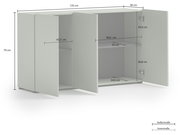 Weiße Kommode mit zwei offenen Türen, zeigt Innenregale und Maße, Perspektive von vorne links.