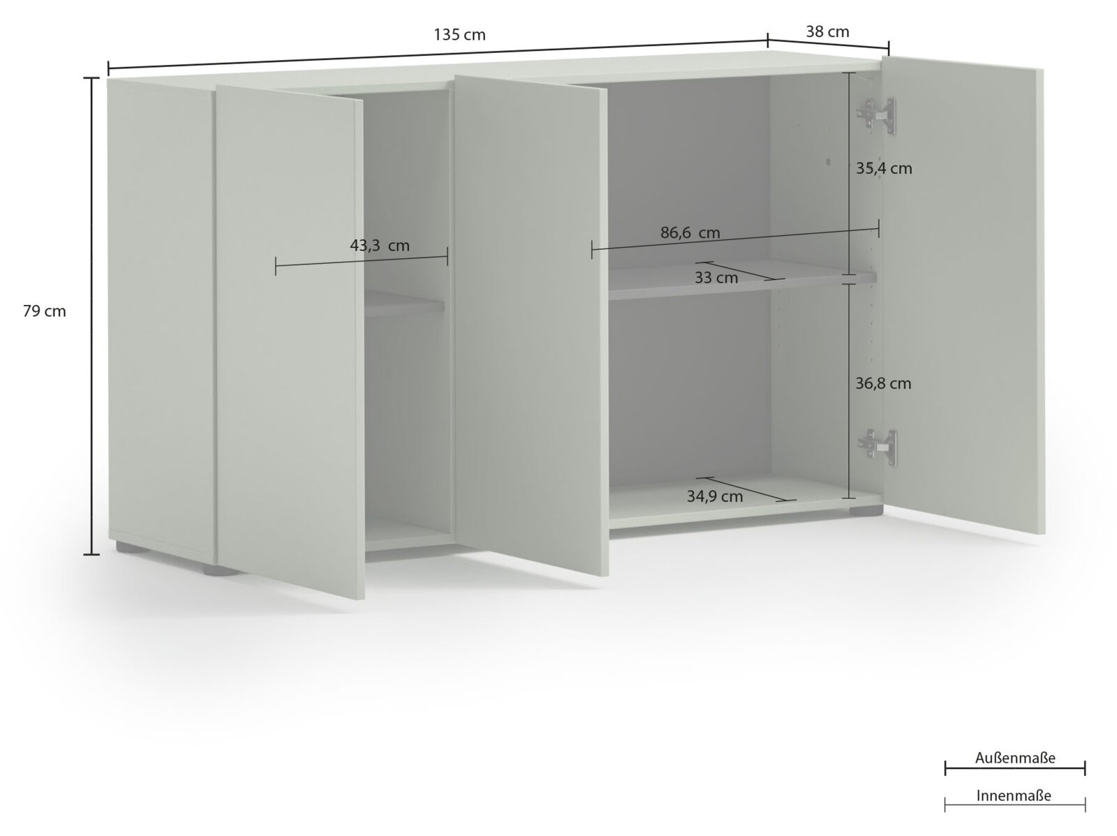Weiße Kommode mit zwei offenen Türen, zeigt Innenregale und Maße, Perspektive von vorne links.