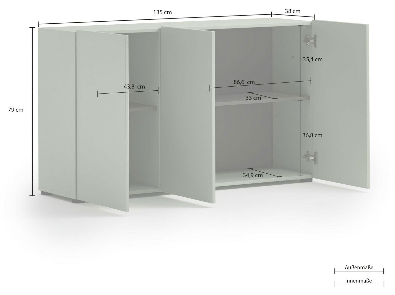 Weiße Kommode mit zwei offenen Türen, zeigt Innenregale und Maße, Perspektive von vorne links.