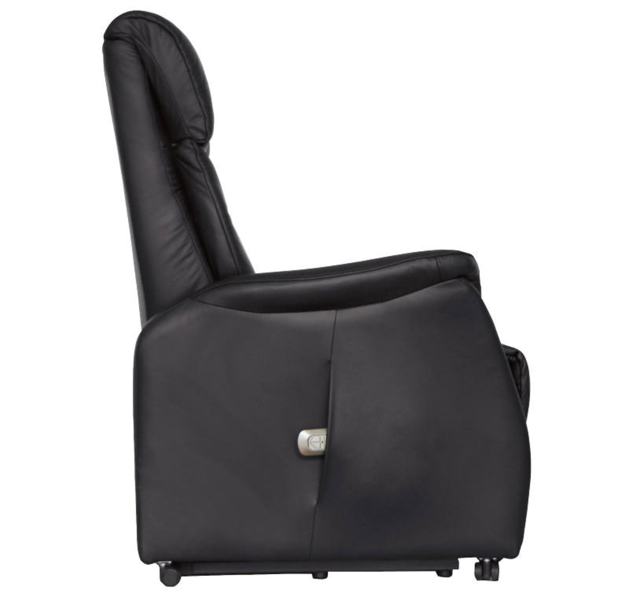 Seitliche Ansicht des Cantus Fernsehsessels PORTLAND in schwarzem Leder mit sichtbarem Bedienungselement.